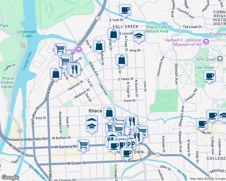 map of restaurants, bars, coffee shops, grocery stores, and more near 598 North Cayuga Street in Ithaca