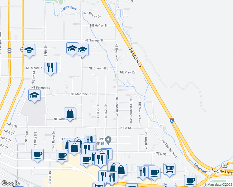 map of restaurants, bars, coffee shops, grocery stores, and more near Northeast Beacon Drive in Grants Pass