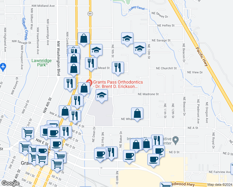 map of restaurants, bars, coffee shops, grocery stores, and more near 704 Northeast Madrone Street in Grants Pass