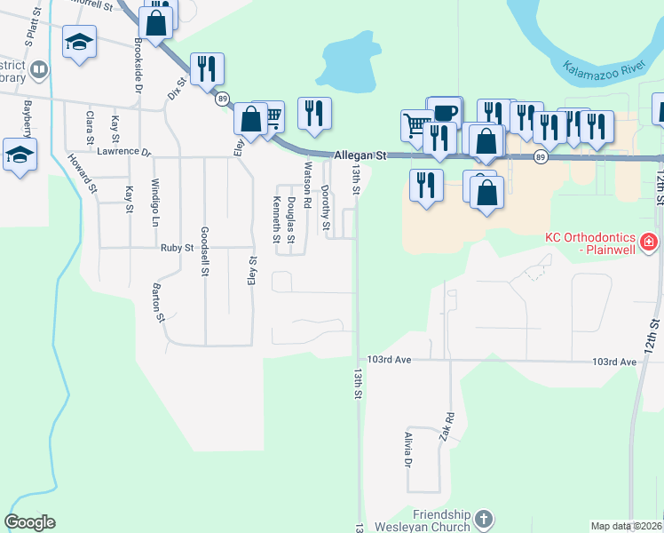 map of restaurants, bars, coffee shops, grocery stores, and more near 1363 Hazelwood Drive in Plainwell