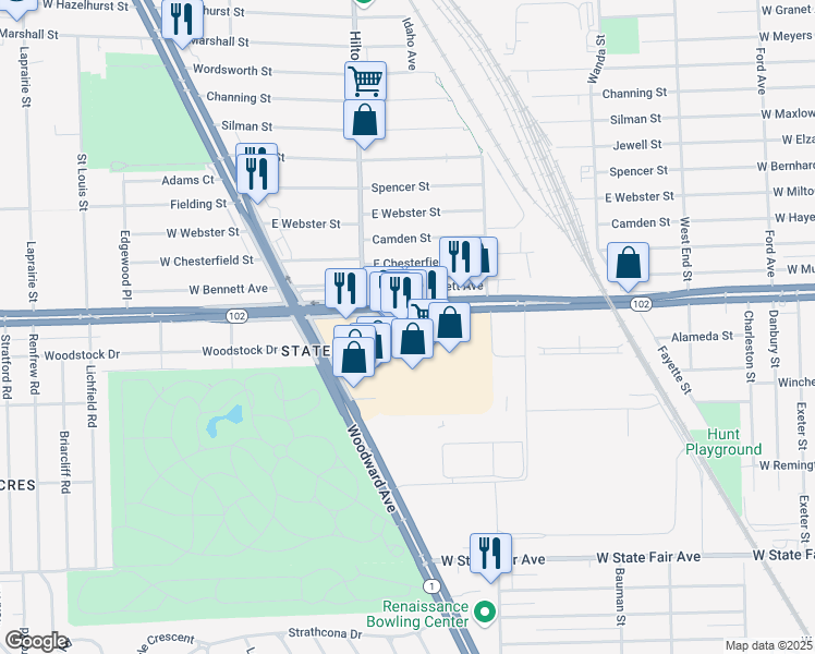 map of restaurants, bars, coffee shops, grocery stores, and more near 1327 Eight Mile Road in Detroit