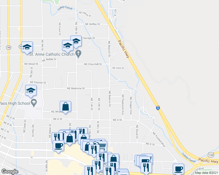 map of restaurants, bars, coffee shops, grocery stores, and more near 898 Northeast Beacon Drive in Grants Pass