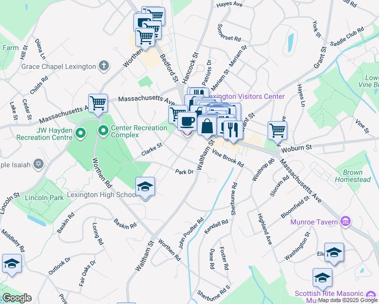 map of restaurants, bars, coffee shops, grocery stores, and more near 125 Waltham Street in Lexington