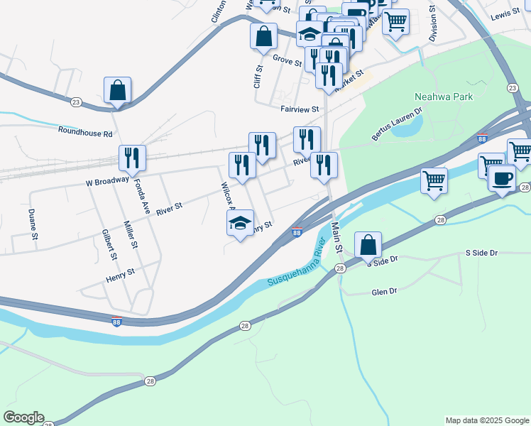 map of restaurants, bars, coffee shops, grocery stores, and more near 1-23 Henry Street in Oneonta