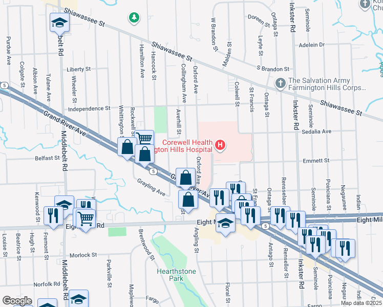 map of restaurants, bars, coffee shops, grocery stores, and more near 21105 Collingham Avenue in Farmington Hills