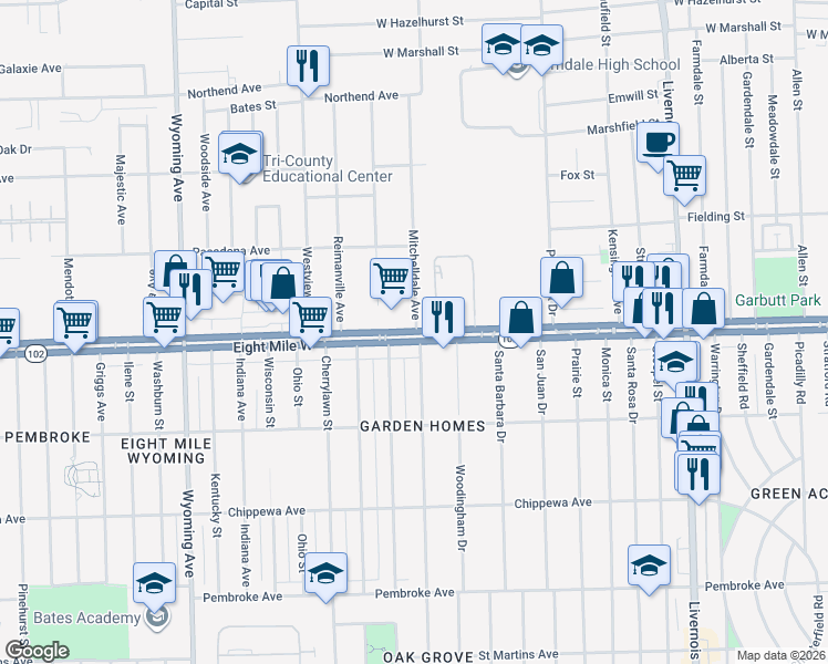 map of restaurants, bars, coffee shops, grocery stores, and more near 8101 Eight Mile West in Detroit
