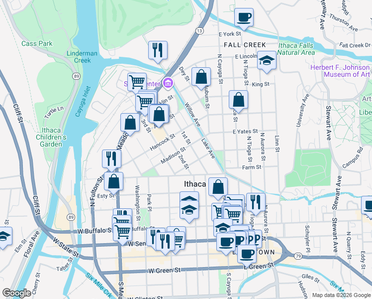 map of restaurants, bars, coffee shops, grocery stores, and more near 203 Madison Street in Ithaca