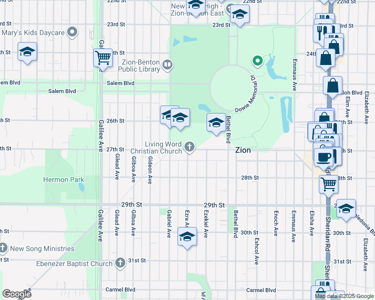 map of restaurants, bars, coffee shops, grocery stores, and more near 2702 Ezra Avenue in Zion