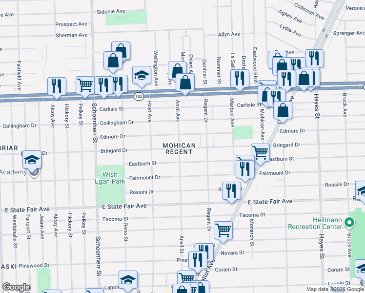 map of restaurants, bars, coffee shops, grocery stores, and more near 14073 Eastburn Street in Detroit