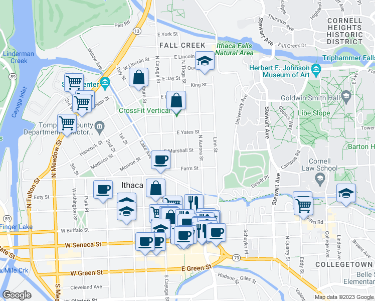 map of restaurants, bars, coffee shops, grocery stores, and more near North Tioga Street in Ithaca