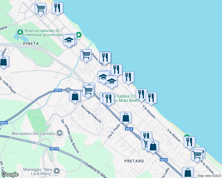 map of restaurants, bars, coffee shops, grocery stores, and more near Via Italo de Sanctis in Pescara