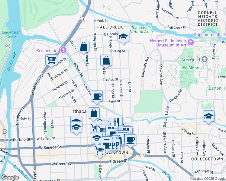 map of restaurants, bars, coffee shops, grocery stores, and more near North Tioga Street in Ithaca