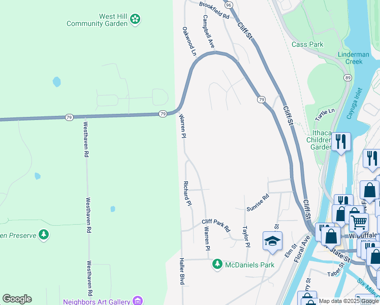 map of restaurants, bars, coffee shops, grocery stores, and more near 412-498 Warren Pl in Ithaca