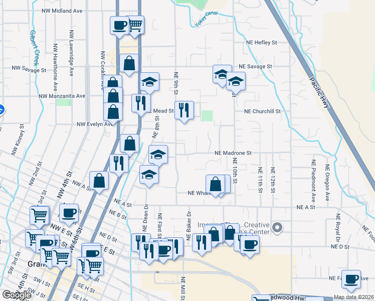 map of restaurants, bars, coffee shops, grocery stores, and more near 727 Northeast Madrone Street in Grants Pass