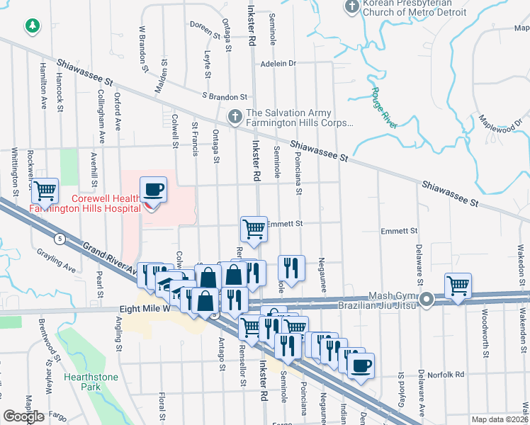 map of restaurants, bars, coffee shops, grocery stores, and more near 21023 Seminole in Southfield
