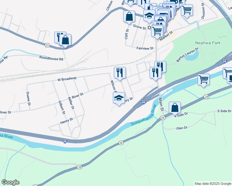 map of restaurants, bars, coffee shops, grocery stores, and more near Wilcox Avenue in Oneonta