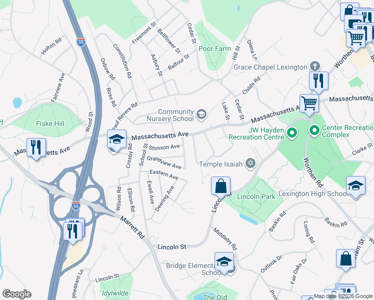 map of restaurants, bars, coffee shops, grocery stores, and more near 21 Welch Road in Lexington