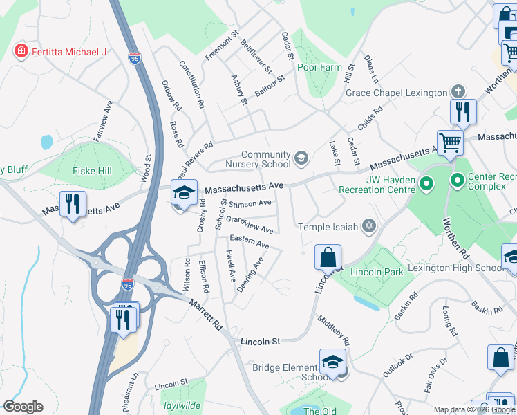 map of restaurants, bars, coffee shops, grocery stores, and more near 21 Welch Road in Lexington