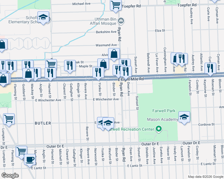 map of restaurants, bars, coffee shops, grocery stores, and more near 20410 Wexford Street in Detroit