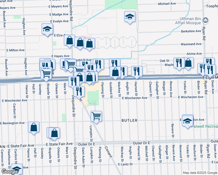 map of restaurants, bars, coffee shops, grocery stores, and more near 20430 Goddard Street in Detroit