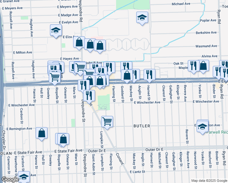 map of restaurants, bars, coffee shops, grocery stores, and more near 20430 Fleming Street in Detroit