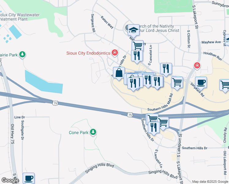 map of restaurants, bars, coffee shops, grocery stores, and more near 3630-3698 Southern Hills Dr in Sioux City
