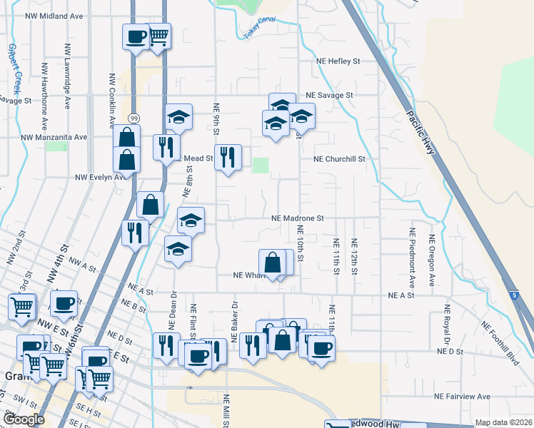 map of restaurants, bars, coffee shops, grocery stores, and more near 750 Northeast Madrone Street in Grants Pass