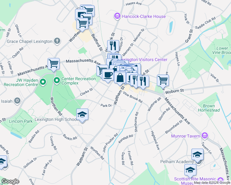 map of restaurants, bars, coffee shops, grocery stores, and more near 125 Waltham Street in Lexington