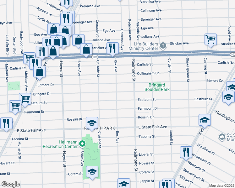 map of restaurants, bars, coffee shops, grocery stores, and more near 15800 Bringard Drive in Detroit