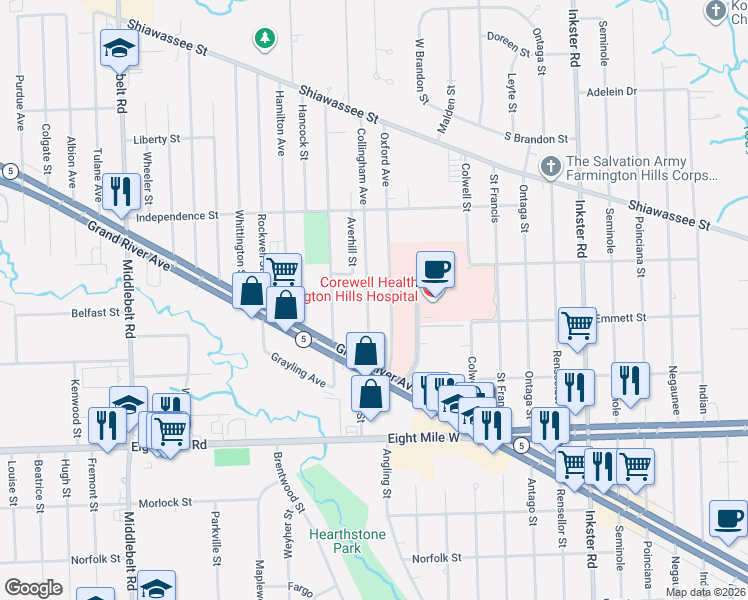 map of restaurants, bars, coffee shops, grocery stores, and more near 21105 Collingham Avenue in Farmington Hills