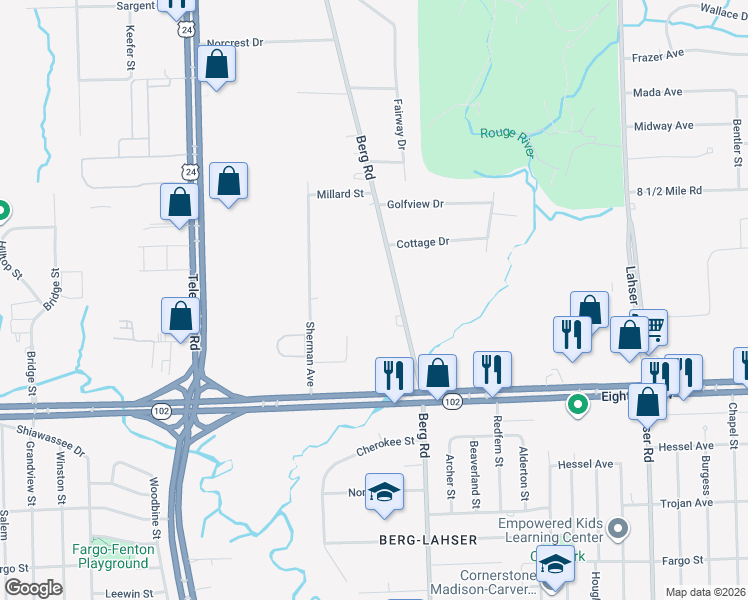 map of restaurants, bars, coffee shops, grocery stores, and more near 21199 Berg Road in Southfield