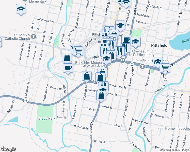 map of restaurants, bars, coffee shops, grocery stores, and more near 21 Goodrich Street in Pittsfield