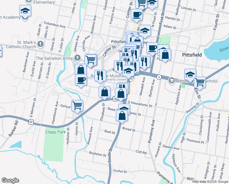 map of restaurants, bars, coffee shops, grocery stores, and more near 21 Goodrich Street in Pittsfield
