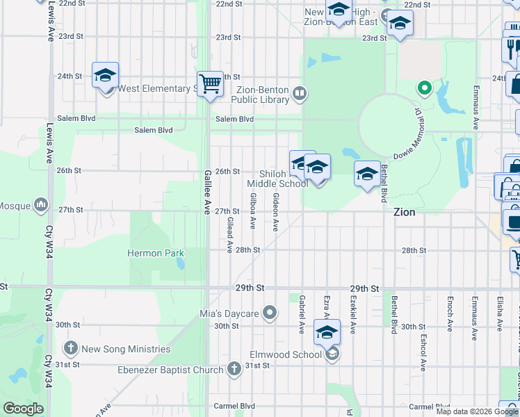 map of restaurants, bars, coffee shops, grocery stores, and more near 2612 Gideon Avenue in Zion