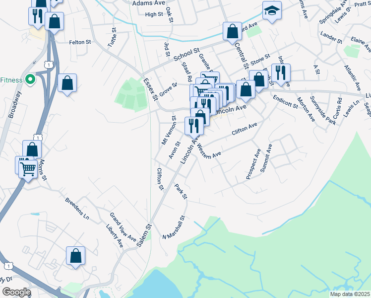 map of restaurants, bars, coffee shops, grocery stores, and more near 6 Linwood Street in Saugus