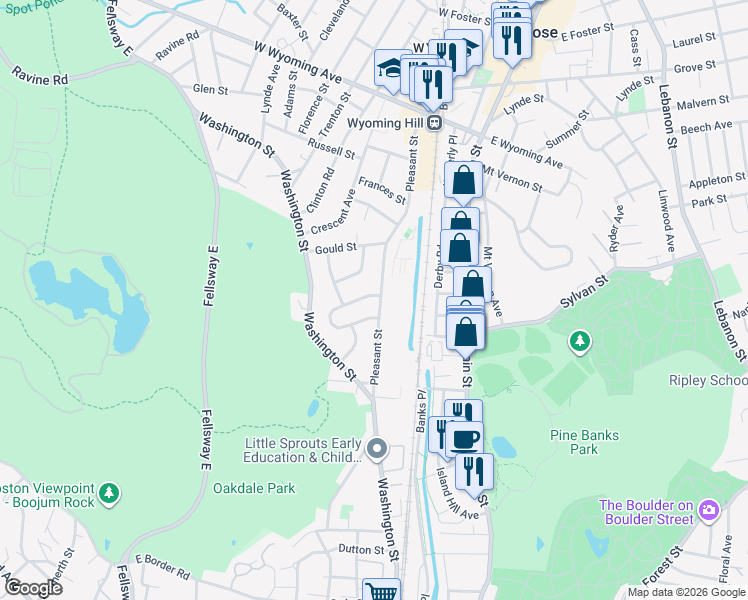 map of restaurants, bars, coffee shops, grocery stores, and more near 175 Pleasant Street in Melrose