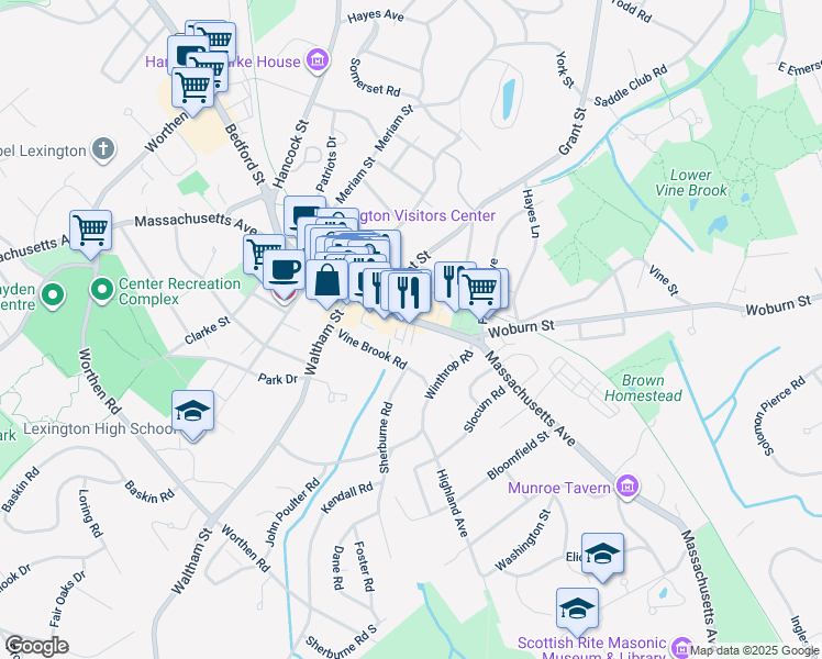 map of restaurants, bars, coffee shops, grocery stores, and more near 1625 Massachusetts Avenue in Lexington