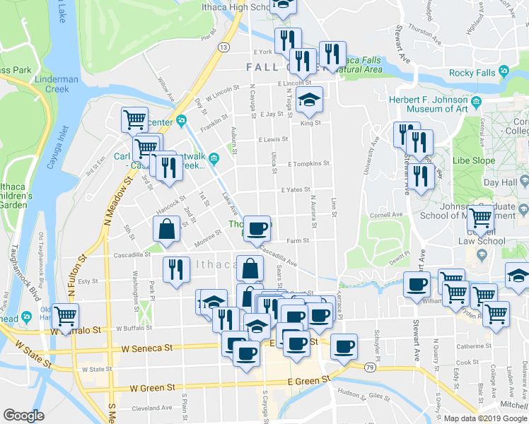 map of restaurants, bars, coffee shops, grocery stores, and more near 218 Utica Street in Ithaca