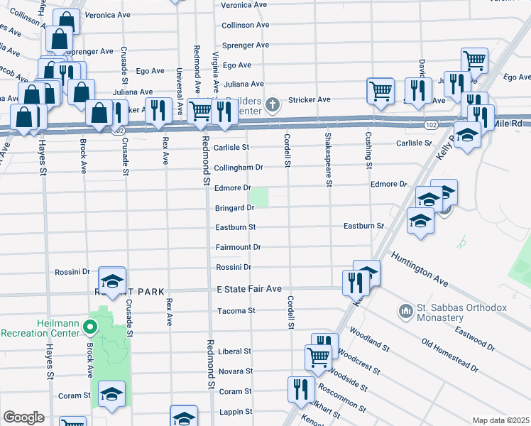 map of restaurants, bars, coffee shops, grocery stores, and more near 16251 Bringard Drive in Detroit