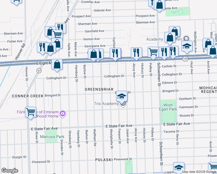 map of restaurants, bars, coffee shops, grocery stores, and more near 20290 Goulburn Avenue in Detroit