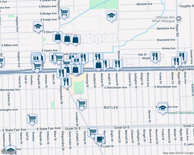 map of restaurants, bars, coffee shops, grocery stores, and more near 1300 East 8 Mile Road in Warren