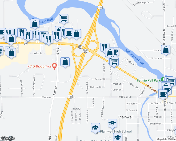 map of restaurants, bars, coffee shops, grocery stores, and more near 413 Naomi Street in Plainwell