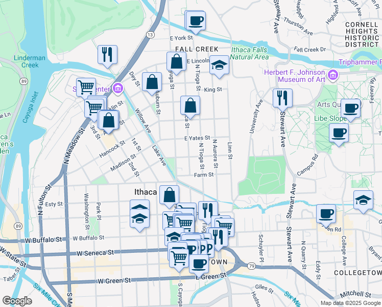 map of restaurants, bars, coffee shops, grocery stores, and more near 201 Utica Street in Ithaca