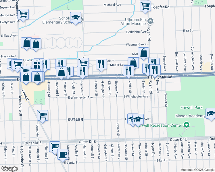 map of restaurants, bars, coffee shops, grocery stores, and more near 20481 Klinger Street in Detroit