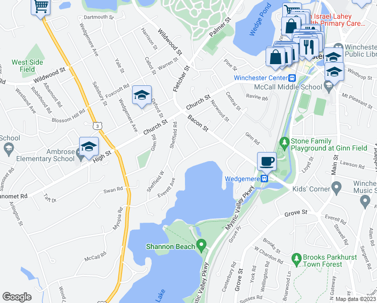 map of restaurants, bars, coffee shops, grocery stores, and more near 15 Everett Avenue in Winchester