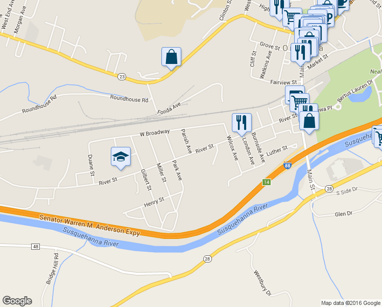 map of restaurants, bars, coffee shops, grocery stores, and more near River St & Parish Ave in Oneonta