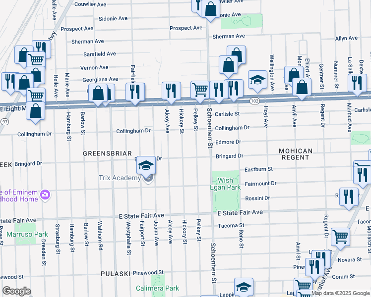 map of restaurants, bars, coffee shops, grocery stores, and more near 20234 Hickory Street in Detroit