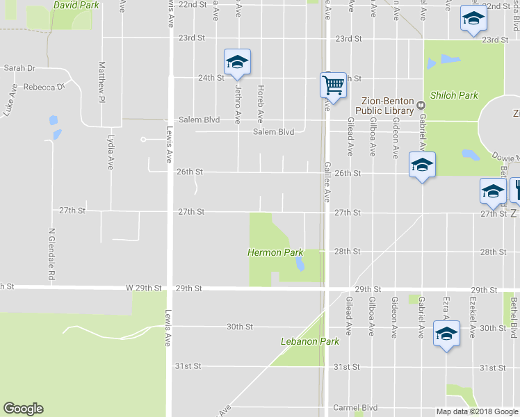 map of restaurants, bars, coffee shops, grocery stores, and more near 2630 Horeb Avenue in Zion