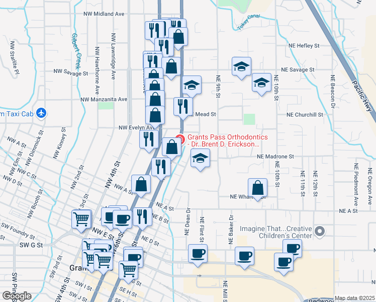 map of restaurants, bars, coffee shops, grocery stores, and more near 906 Northeast 8th Street in Grants Pass