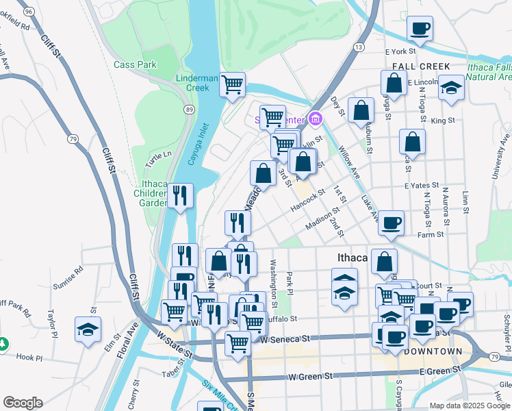 map of restaurants, bars, coffee shops, grocery stores, and more near 540 5th Street in Ithaca